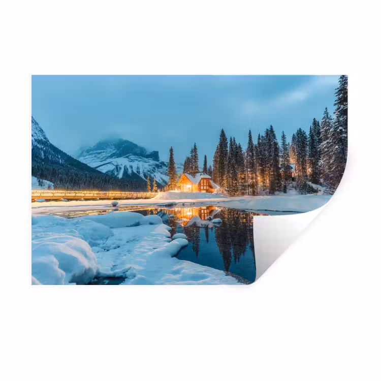 Winterlandschap - Natuur - Huis - Bergen - Sneeuw Muursticker klein -3d