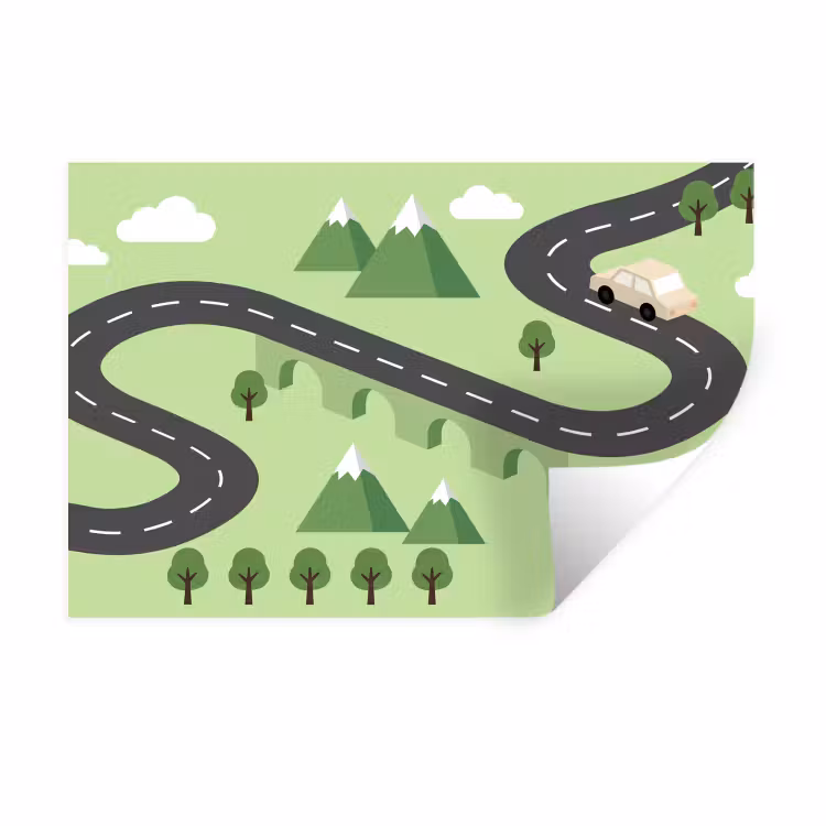 Auto - Bergweg - Natuur - Illustratie Muursticker klein -3d