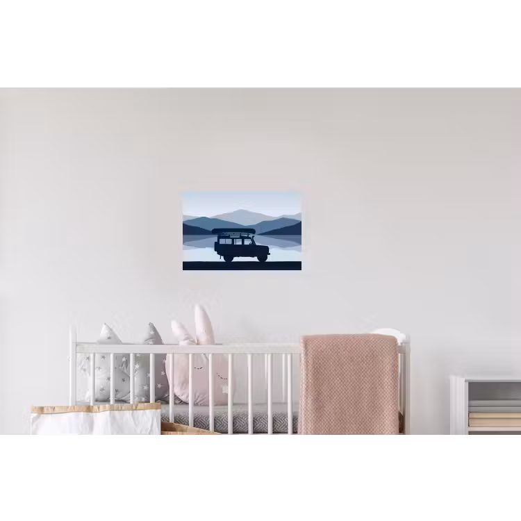 Auto - Meer - Bergen - Blauw Muursticker klein -kinderkamer