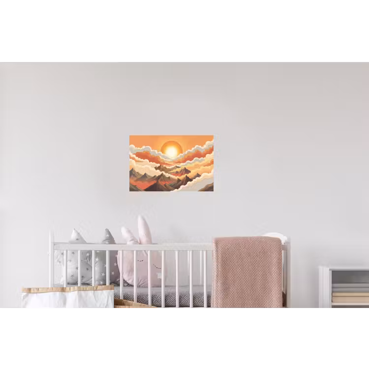 Bergen - Wolken - Natuur - Zonsopgang - Oranje Muursticker klein -kinderkamer