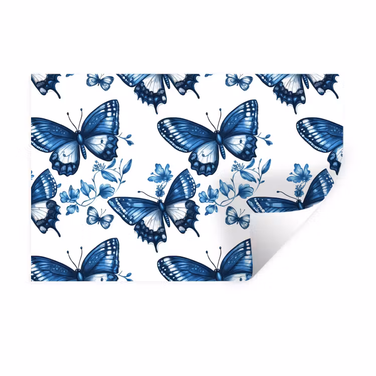 Blauw - Vlinders - Bloemen - Wit Muursticker klein 286 -3d