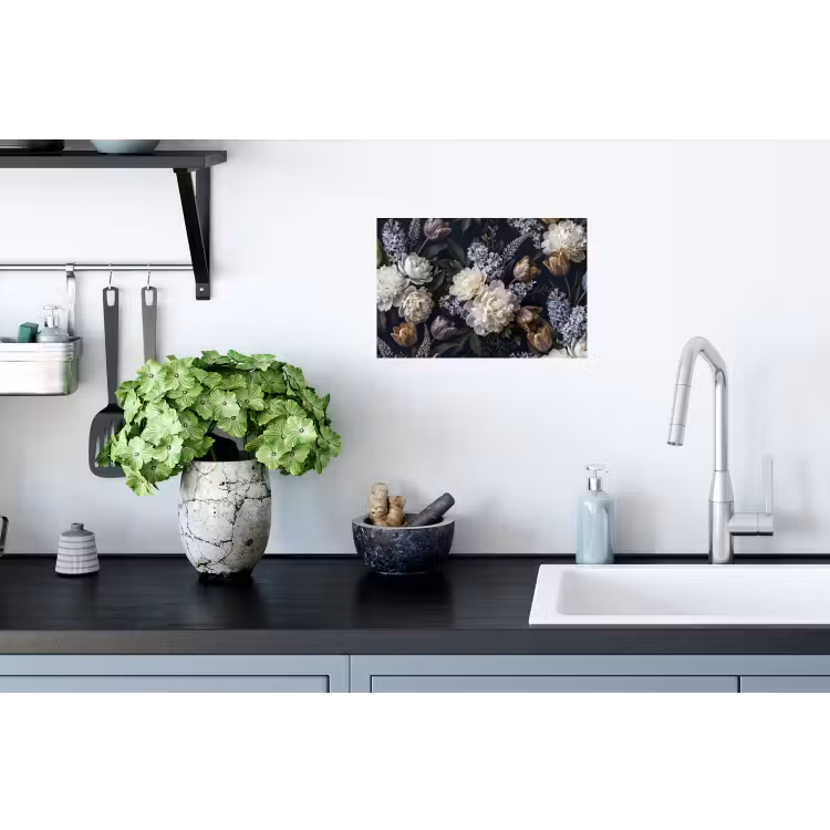Bloemen - Donker - Elegant - Natuur - Wit Muursticker klein -keuken
