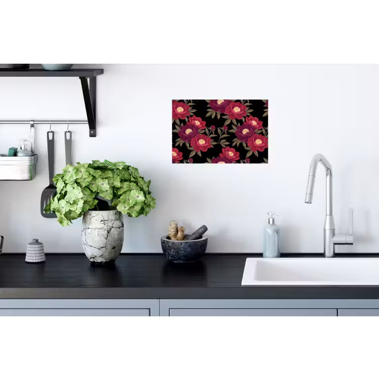 Bloemen - Patroon - Botanisch - Rood - Zwart Muursticker klein -keuken