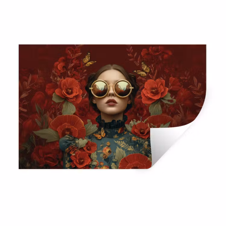 Bloemen - Dieprood - Zonnebril - Vrouw Muursticker klein -3d