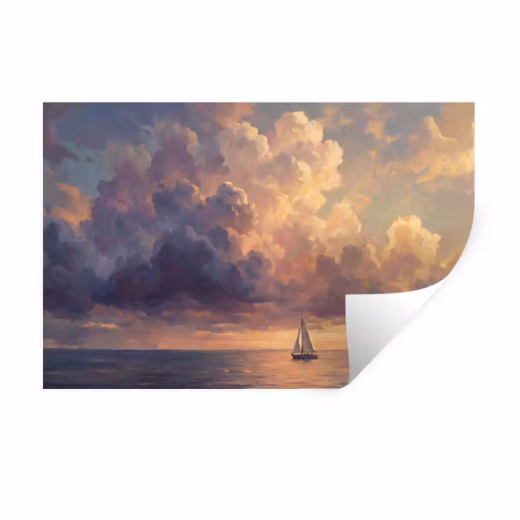 Boot - Zonsondergang - Zee - Natuur - Goud Muursticker klein -3d