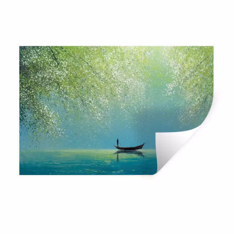 Bootje - Water - Bladeren - Bloesems Muursticker klein -3d