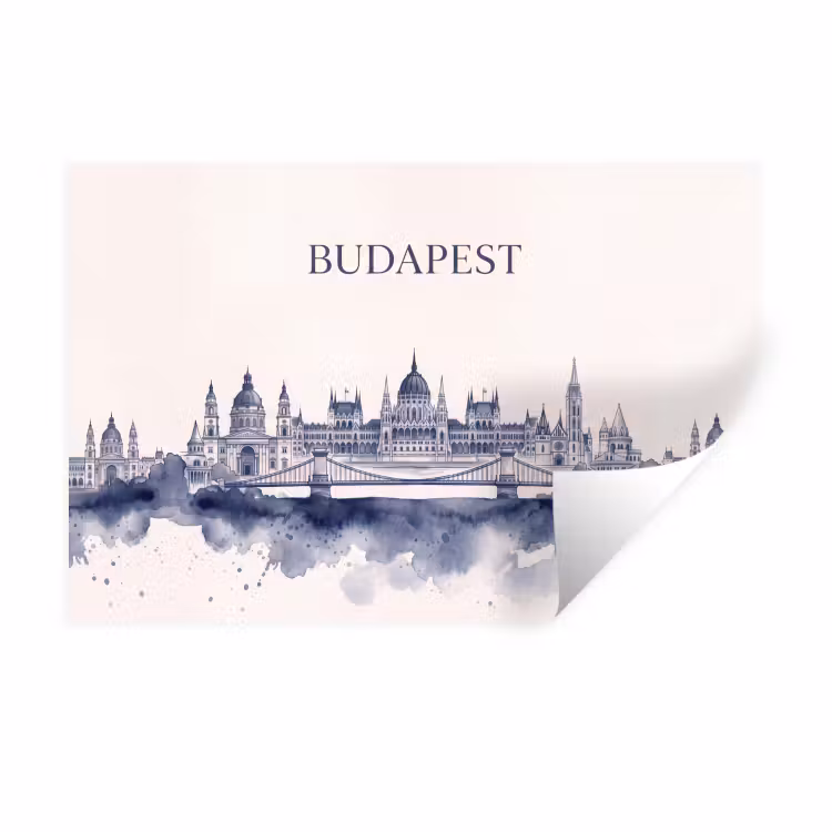 Boedapest - Skyline - Architectuur - Aquarel - Blauw Muursticker klein -3d