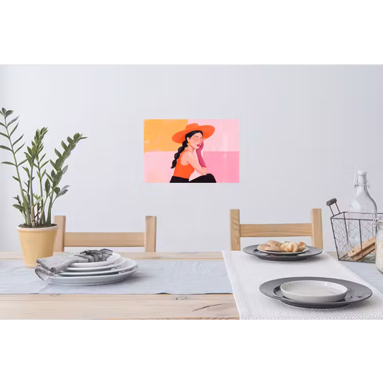 Vrouw - Hoed - Mode - Modern - Oranje Muursticker klein -eettafel