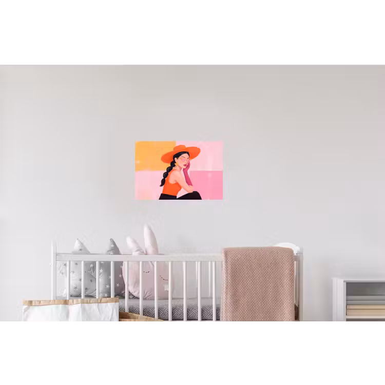 Vrouw - Hoed - Mode - Modern - Oranje Muursticker klein -kinderkamer