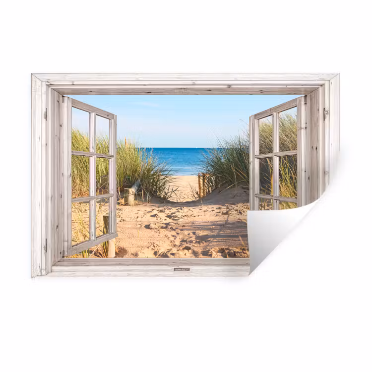 Doorkijk - Strand - Zee - Duinen - Zand - Water - Helmgras Muursticker klein -3d
