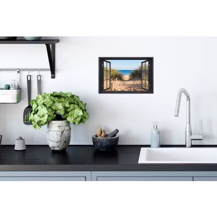 Doorkijk - Strand - Zee - Zand - Water - Helmgras - Duinen Muursticker klein -keuken