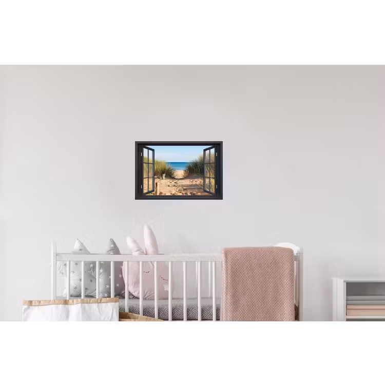 Doorkijk - Strand - Zee - Zand - Water - Helmgras - Duinen Muursticker klein -kinderkamer