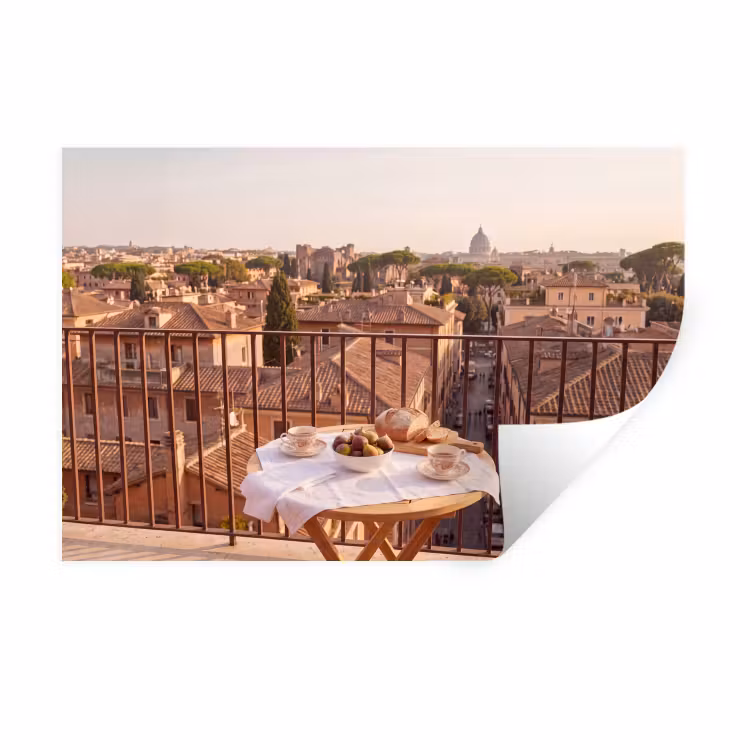Eten - Ontbijt - Balkon - Stad - Zonsopgang Muursticker klein -3d