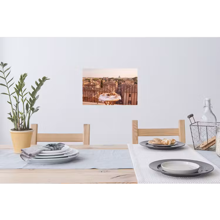 Eten - Ontbijt - Balkon - Stad - Zonsopgang Muursticker klein -eettafel