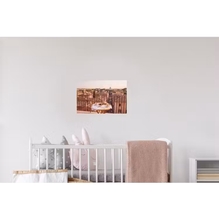 Eten - Ontbijt - Balkon - Stad - Zonsopgang Muursticker klein -kinderkamer