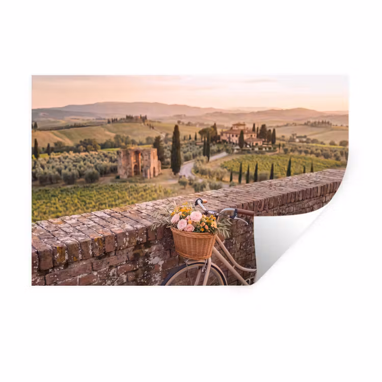 Fiets - Bloemen - Toscane - Landschap - Roze Muursticker klein -3d