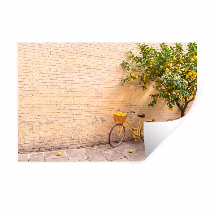 Fiets - Mand - Eten - Geel - Zomer Muursticker klein -3d