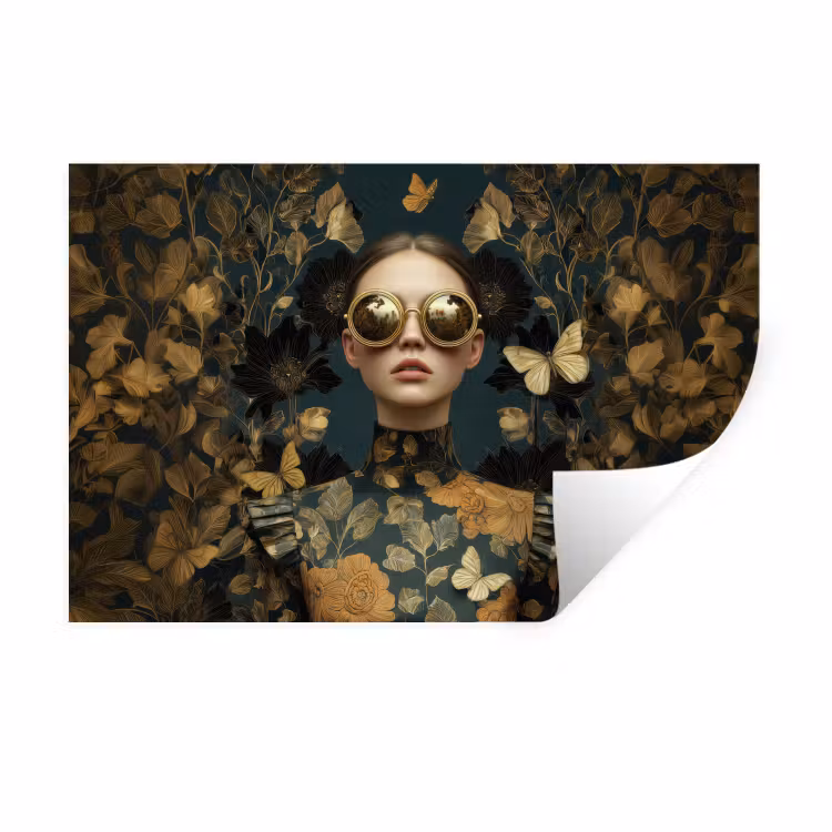 Vrouw - Bladeren - Goud - Vlinders Muursticker klein -3d