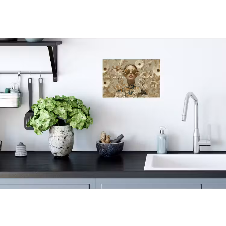 Vrouw - Bloemen - Zonnebril - Wit Muursticker klein -keuken