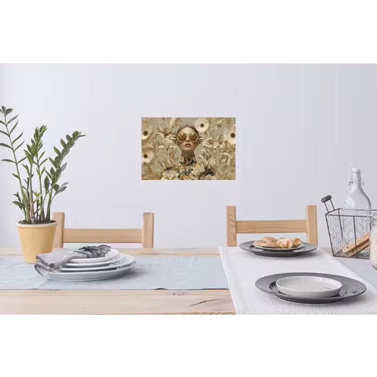 Vrouw - Bloemen - Zonnebril - Wit Muursticker klein -eettafel