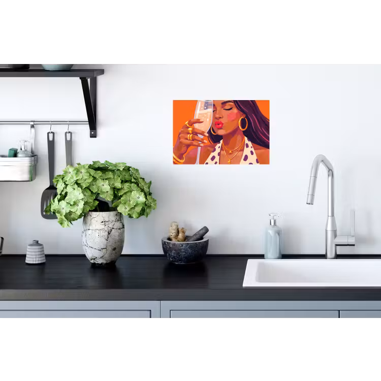 Vrouw - Champagne - Feest - Modern - Oranje Muursticker klein -keuken