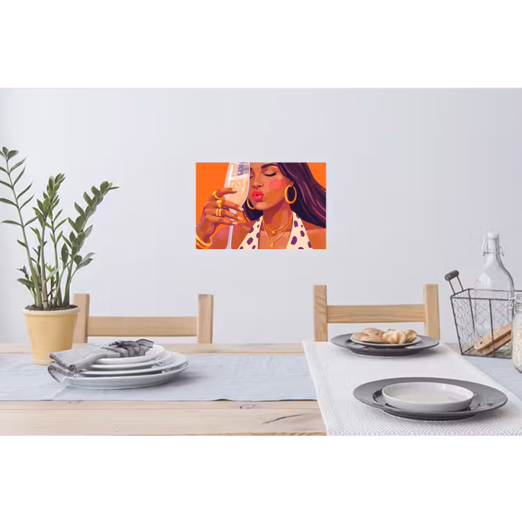 Vrouw - Champagne - Feest - Modern - Oranje Muursticker klein -eettafel