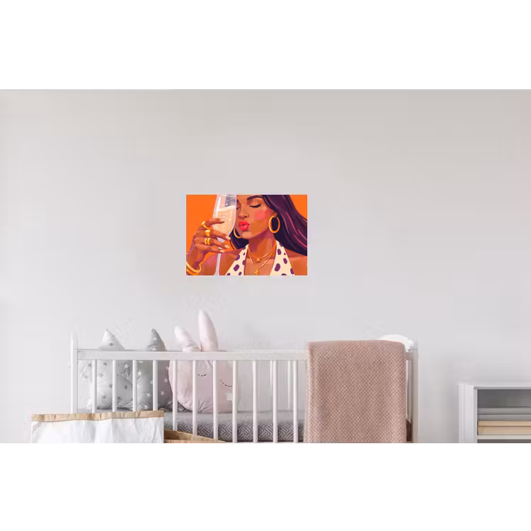 Vrouw - Champagne - Feest - Modern - Oranje Muursticker klein -kinderkamer