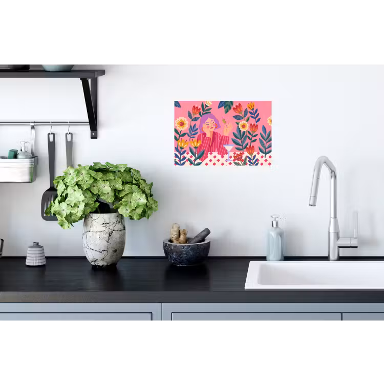 Vrouw - Cocktail - Bloemen - Modern - Roze Muursticker klein -keuken