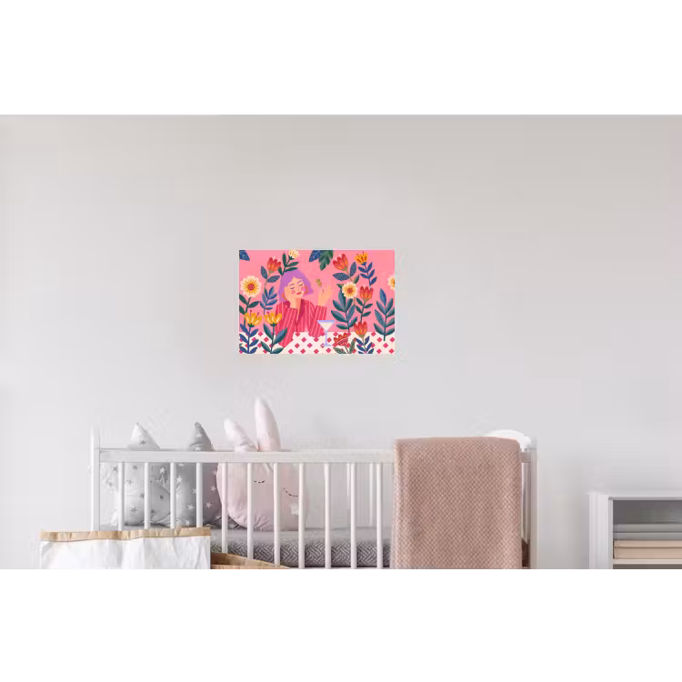 Vrouw - Cocktail - Bloemen - Modern - Roze Muursticker klein -kinderkamer