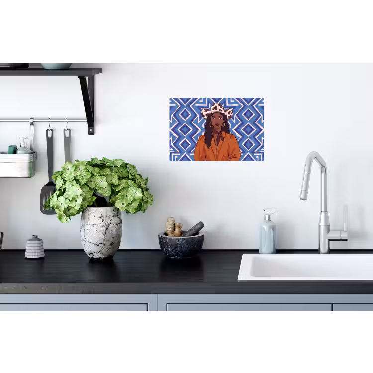 Vrouw - Cowboyhoed - Portret - Modern - Blauw Muursticker klein -keuken