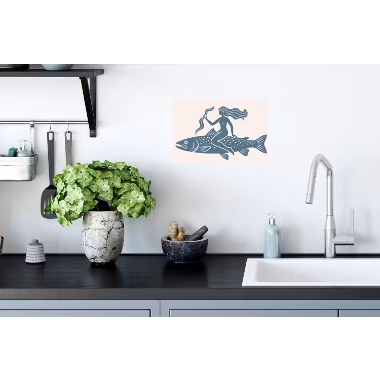 Vrouw - Vis - Fantasie - Abstract - Blauw Muursticker klein -keuken