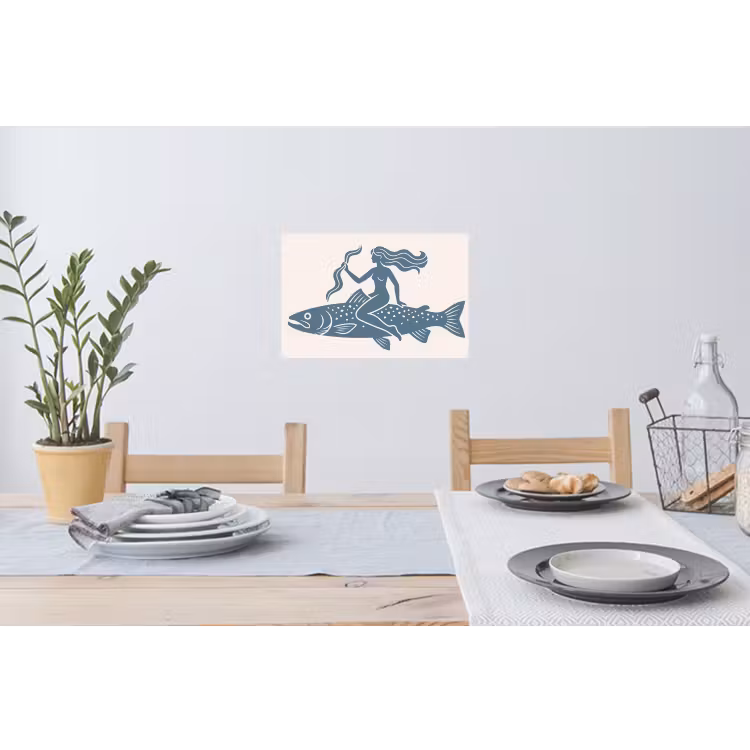 Vrouw - Vis - Fantasie - Abstract - Blauw Muursticker klein -eettafel