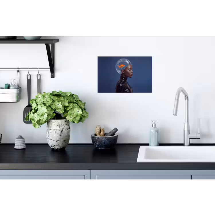 Vrouw - Goudvis - Hoofd - Abstract - Blauw Muursticker klein -keuken