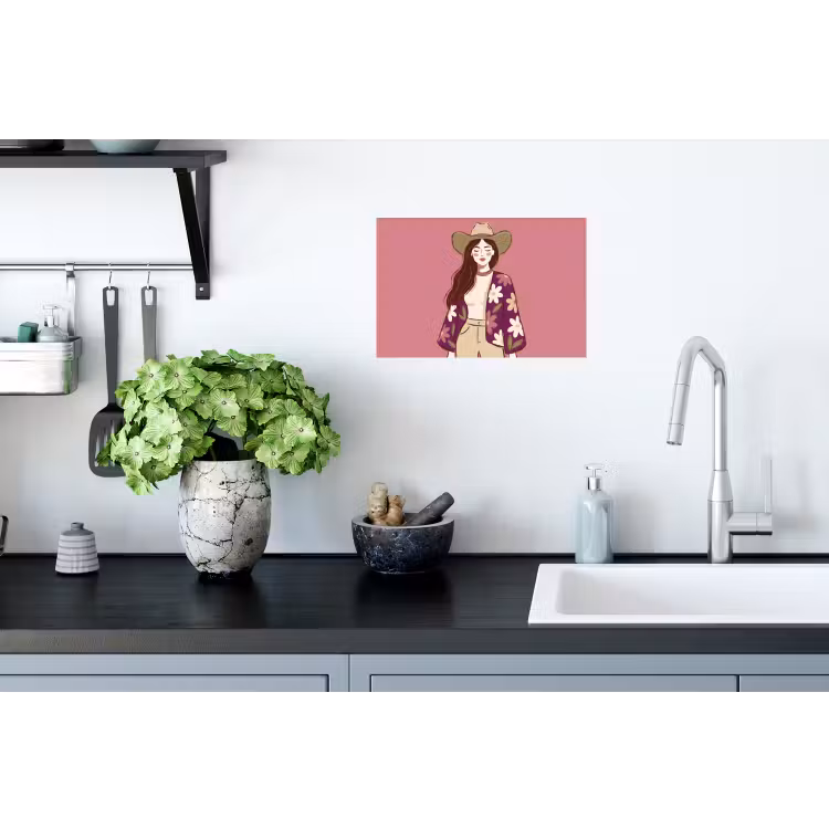 Vrouw - Hoed - Portret - Illustratie - Roze Muursticker klein -keuken