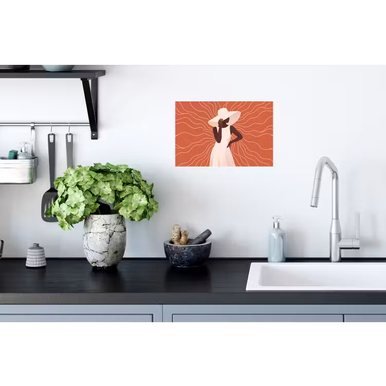 Vrouw - Hoed - Portret - Modern - Beige Muursticker klein -keuken
