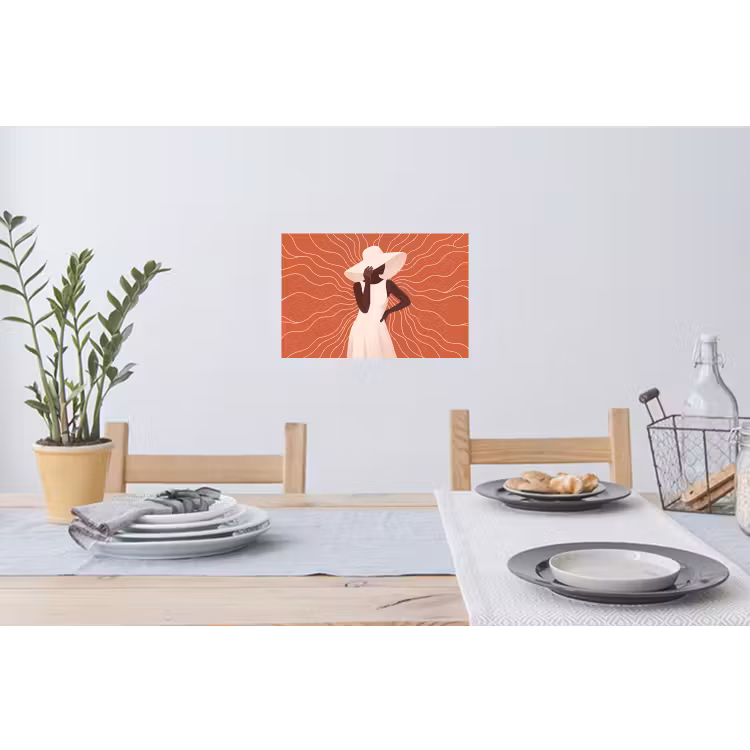 Vrouw - Hoed - Portret - Modern - Beige Muursticker klein -eettafel