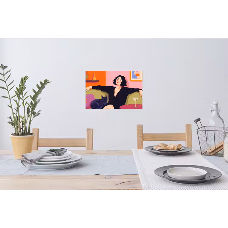 Vrouw - Kat - Interieur - Modern - Kleurrijk Muursticker klein -eettafel