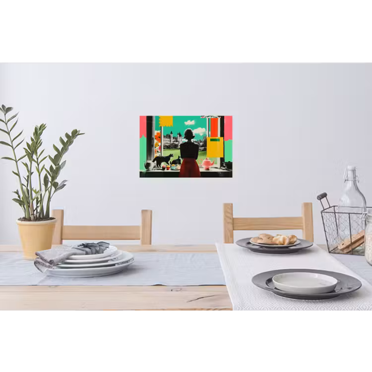 Vrouw - Keuken - Katten - Doorkijk Muursticker klein -eettafel