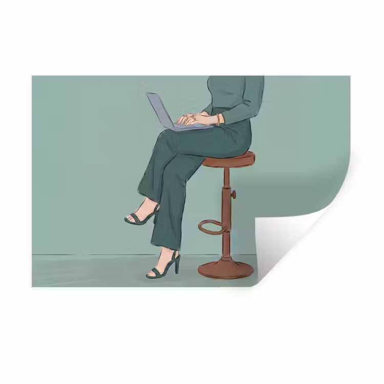 Vrouw - Laptop - Zittend - Illustratie - Groen Muursticker klein -3d