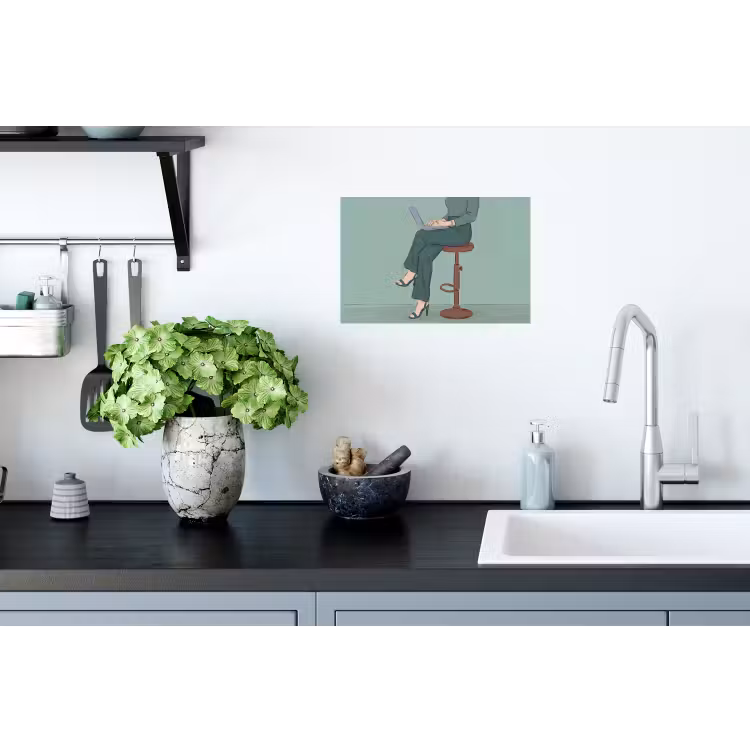 Vrouw - Laptop - Zittend - Illustratie - Groen Muursticker klein -keuken