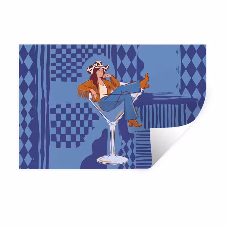 Vrouw - Martini glas - Abstract - Blauw - Kunst Muursticker klein -3d