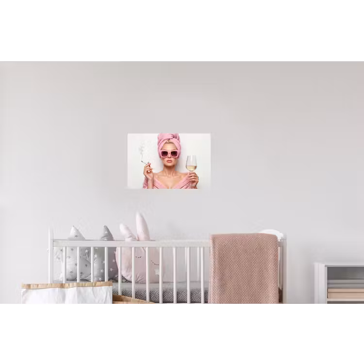 Vrouw - Roze - Wijn - Zonnebril Muursticker klein -kinderkamer