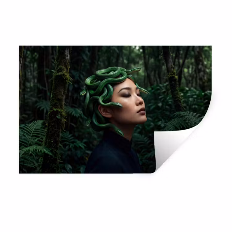Vrouw - Slang - Natuur - Mystiek - Groen Muursticker klein -3d