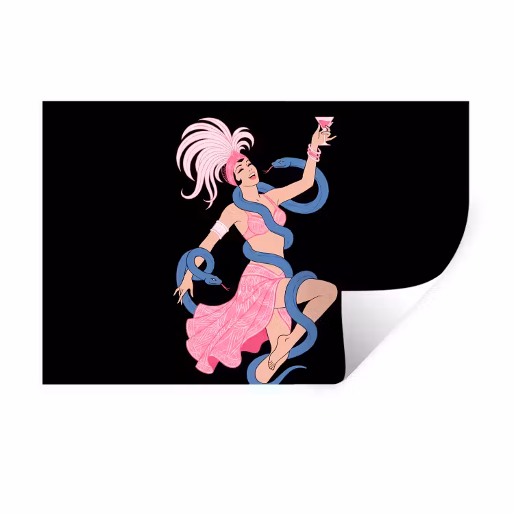 Vrouw - Danseres - Slangen - Art Deco - Roze Muursticker klein -3d