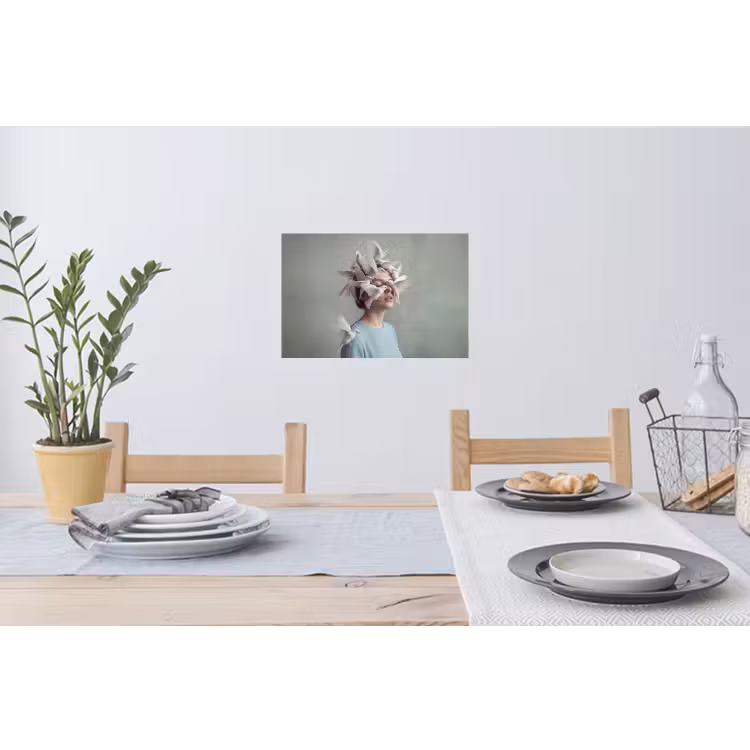 Vrouw - Vogels - Abstract - Modern - Wit Muursticker klein -eettafel