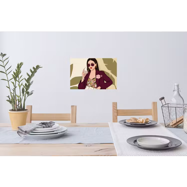 Vrouw - Wijn - Portret - Mode - Modern Muursticker klein -eettafel