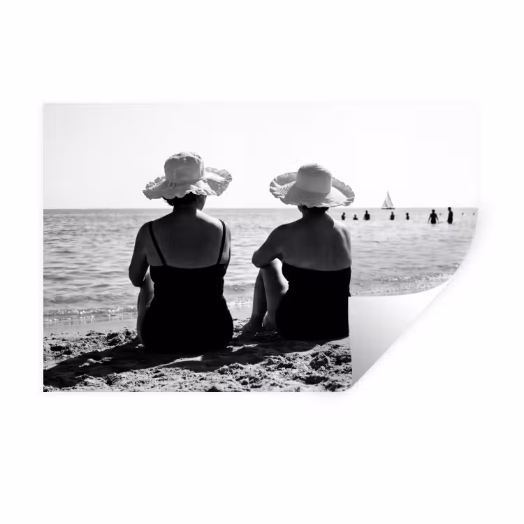 Vrouwen - Zonnehoed - Strand - Zwart - Wit Muursticker klein -3d