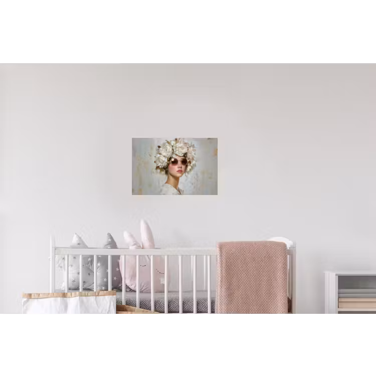 Schilderij - Vrouw - Zonnebril - Bloemenkrans Muursticker klein -kinderkamer