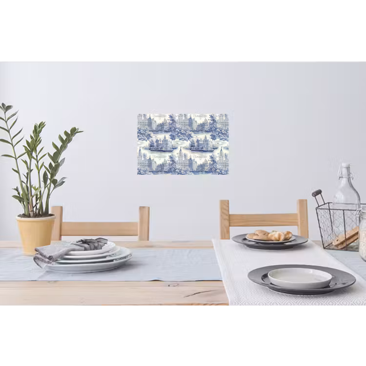 Huizen - Bomen - Water - Vogels - Blauw Muursticker klein 286 -eettafel