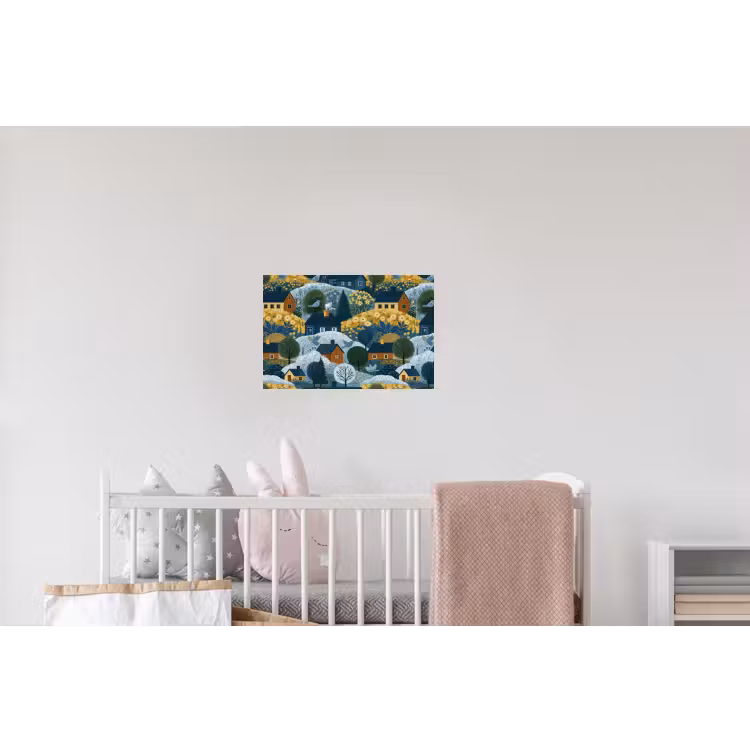 Huisjes - Bloemen - Patroon - Geel - Blauw Muursticker klein 286 -kinderkamer